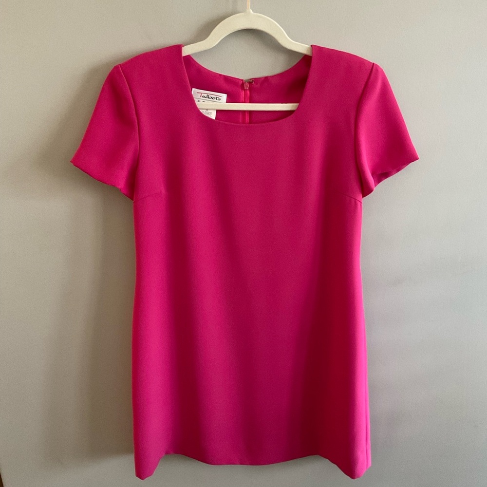 Talbots Fuchsia/Hot pink short-sleeve, square neck shift dress.
